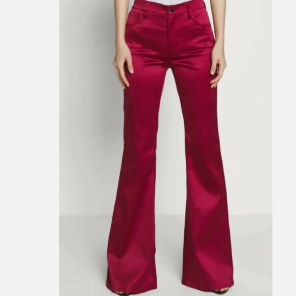 J Brand Mid-Rise Satin Flared Flat Front Pants valentina opium red 26 - Picture 1 of 8